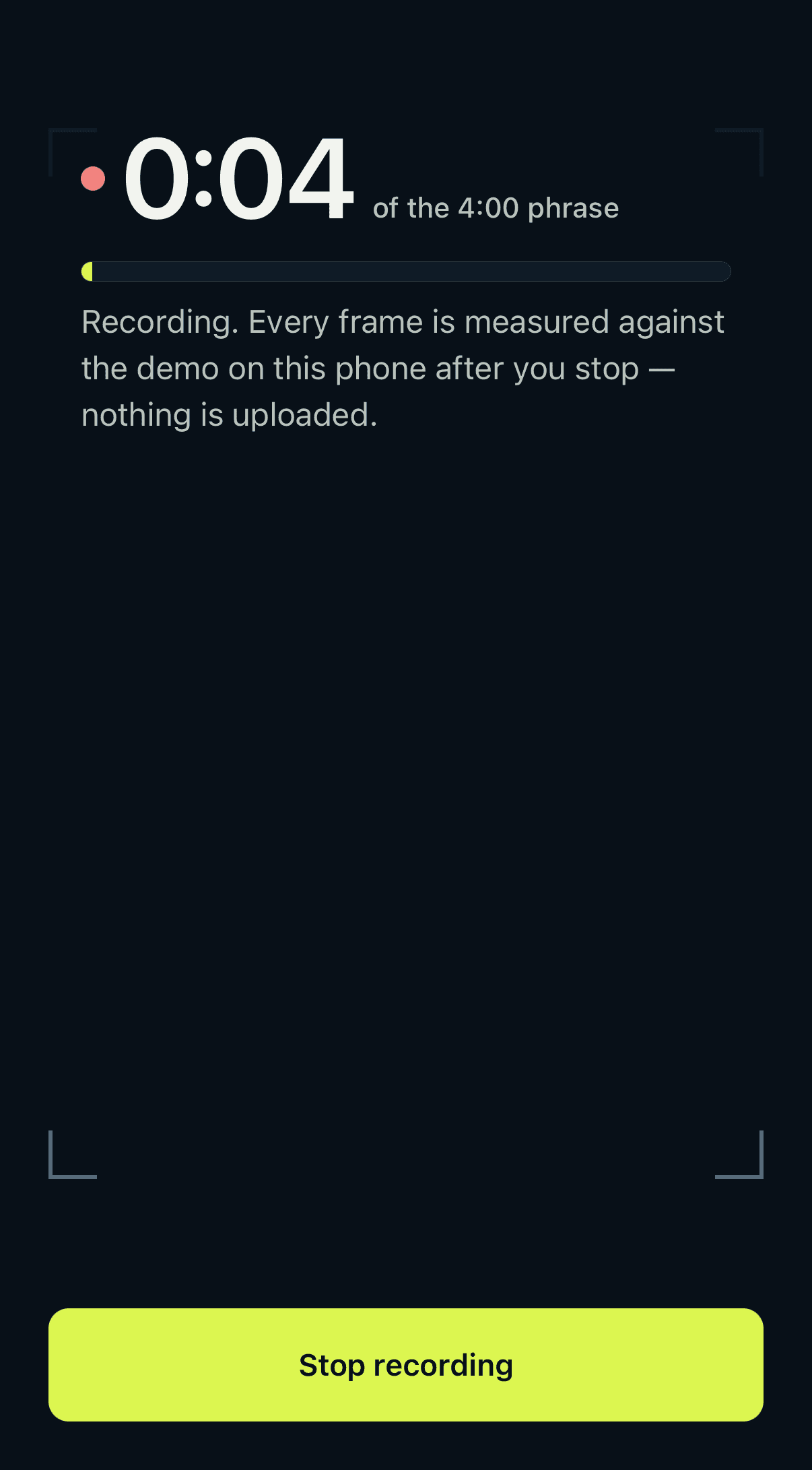 Recording in progress: a large clock reading 0:05 of the 4:00 phrase over a progress bar.