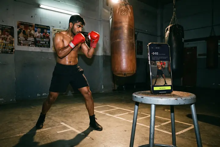 A boxer shadow-training beside a propped phone running the app. AI-generated scene · real app screen