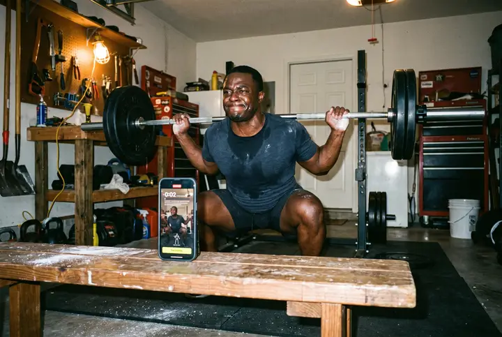 A person mid-squat in a small home training corner, a propped phone running the app. AI-generated scene · real app screen