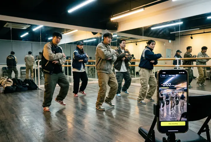 A practice crew mid-formation in a studio, a propped phone running the app. AI-generated scene · real app screen