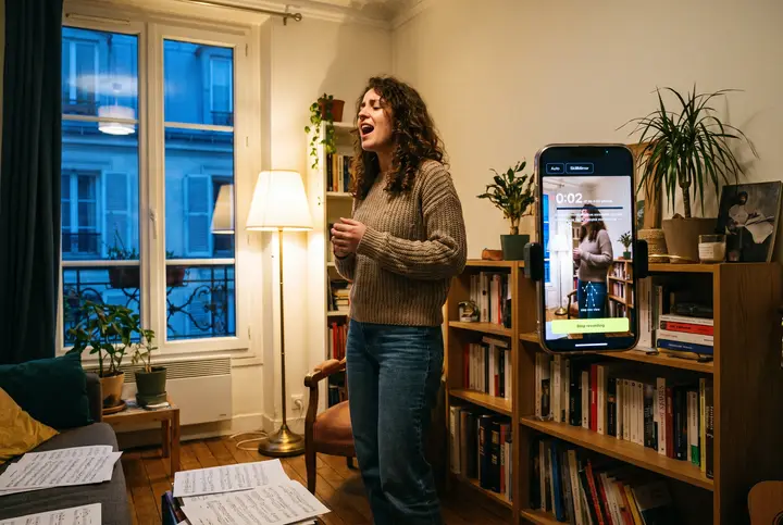 A performer mid-song in a Paris apartment, a propped phone running the app. AI-generated scene · real app screen